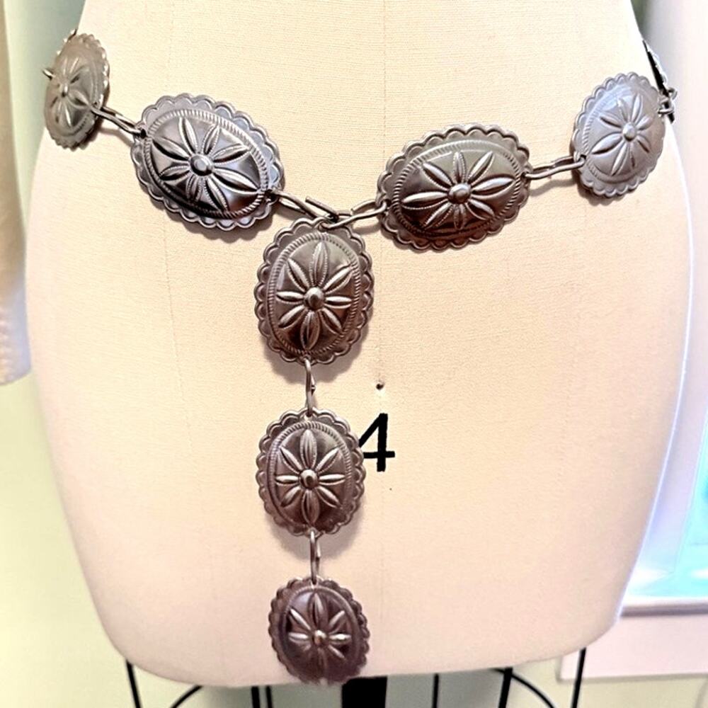 Vintage Southwestern Concho Belt Stamped Flower Design Silver Tone Metal 36 1/2"